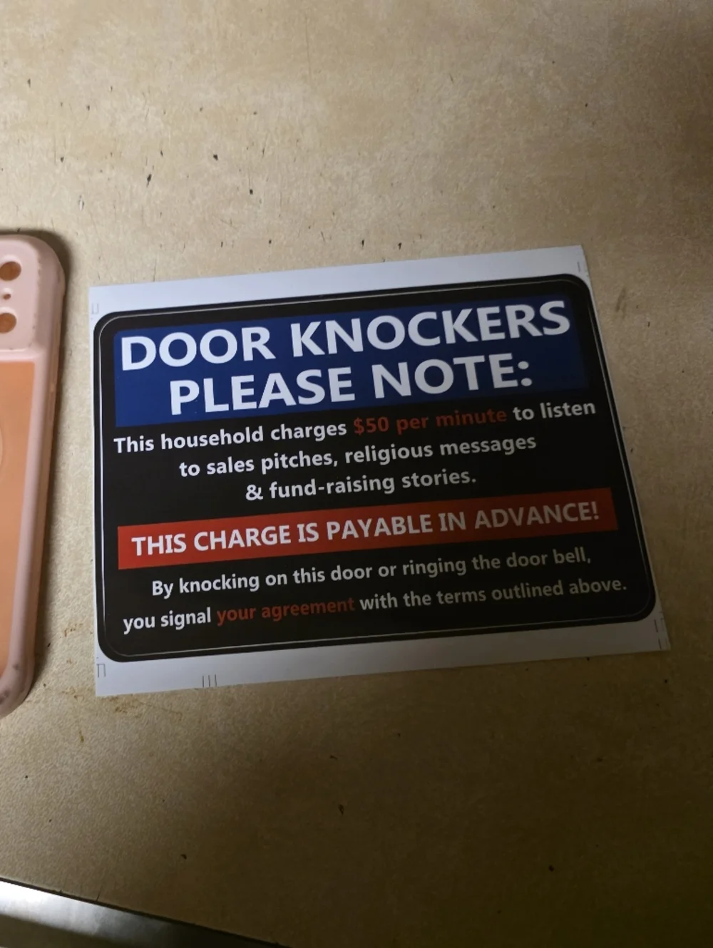 Door Knockers Please Note Warning Sticker - Blue/Red/Black